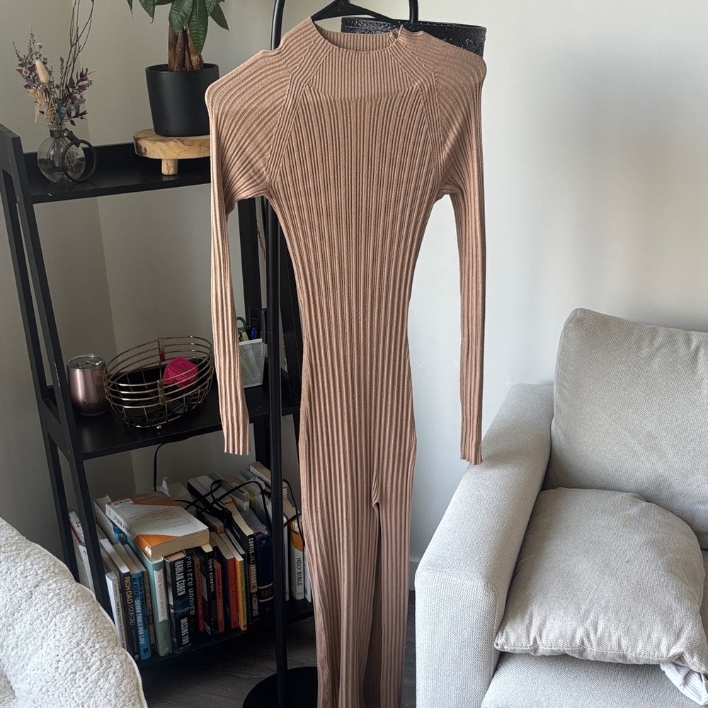 Aritzia Tan Ribbed Long Sleeve Dress